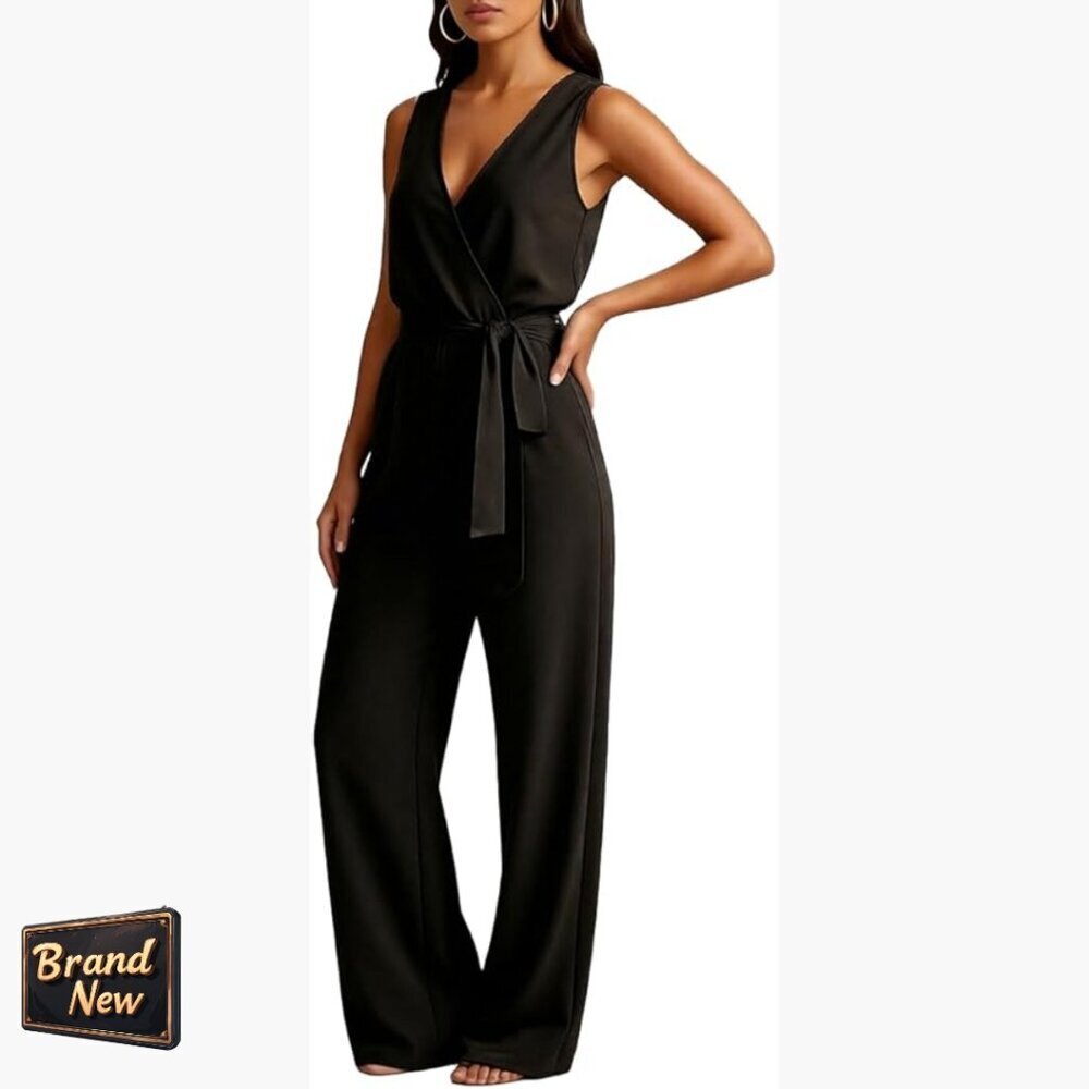 Sleeveless V-Neck Jumpsuit with Wide Leg and Adjustable Belt
